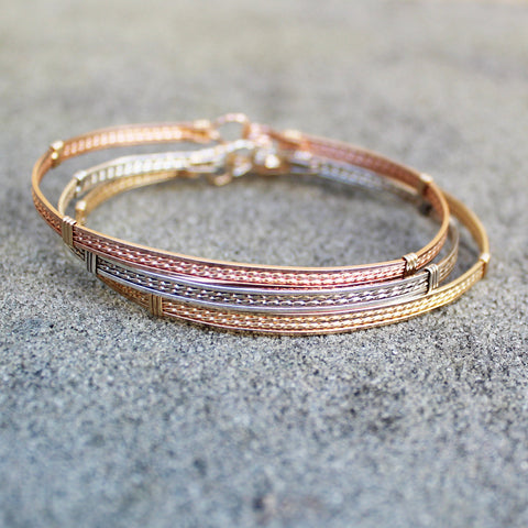 Rose Gold, Yellow Gold & Sterling Silver Thin Wire Wrapped Stackable 3 Bracelets Set - STTS