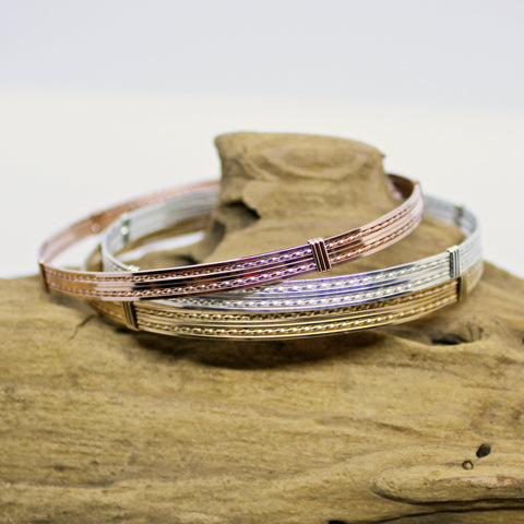 Rose Gold, Yellow Gold & Sterling Silver Wire Wrapped Stackable 3 Bracelets Set - STSSTS