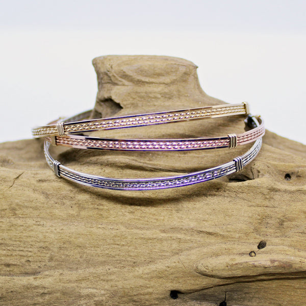 Rose Gold, Yellow Gold & Sterling Silver Thin Wire Wrapped Stackable 3 Bracelets Set - STTS