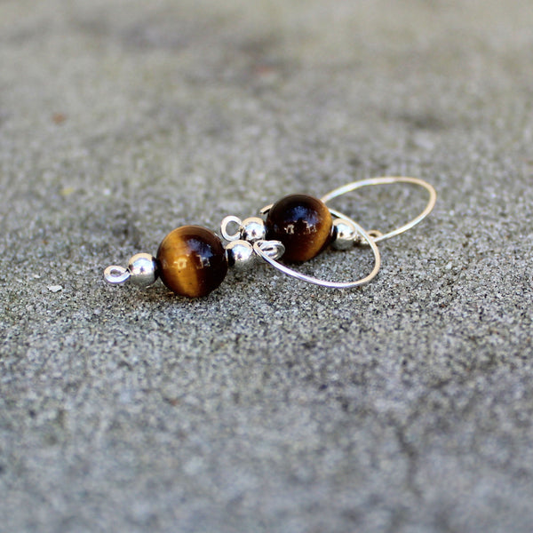 Sweet Honey Brown 8mm Tiger Eye Sterling Silver Dangle Earrings