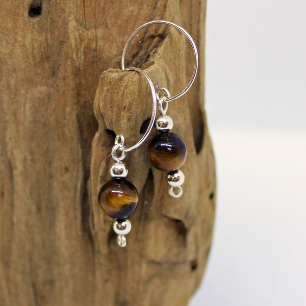 Sweet Honey Brown 8mm Tiger Eye Sterling Silver Dangle Earrings