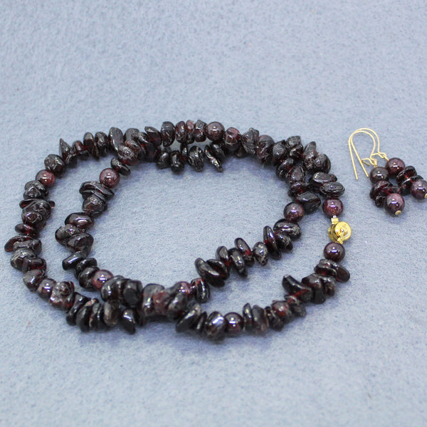 Garnet Deep Red Chips Necklace and Earrings Set - January Birthstone