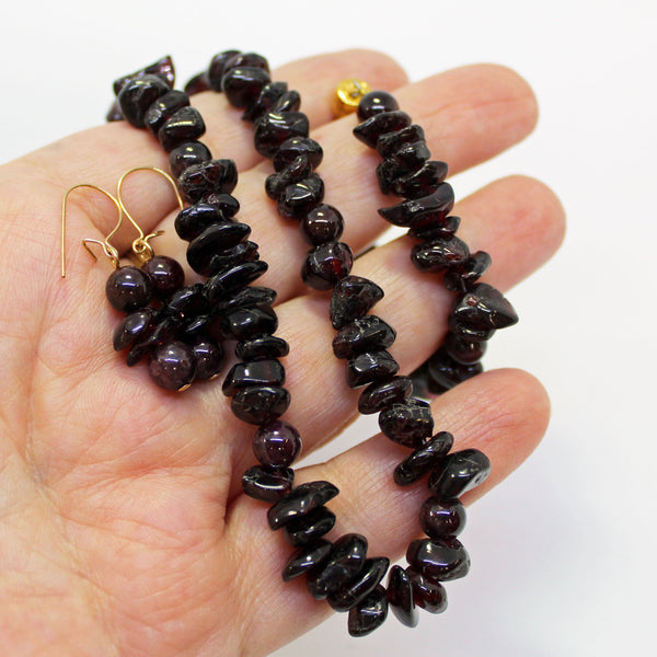 Garnet Deep Red Chips Necklace and Earrings Set - January Birthstone