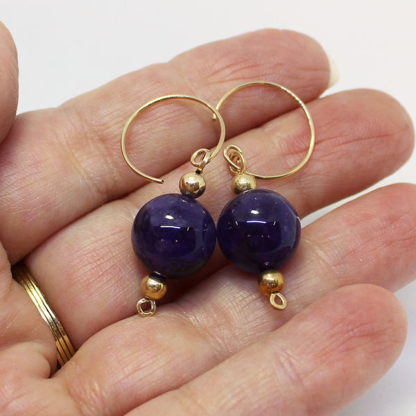 Large Amethyst Beads Gold Filled Dangle Earrings - February Birthstone