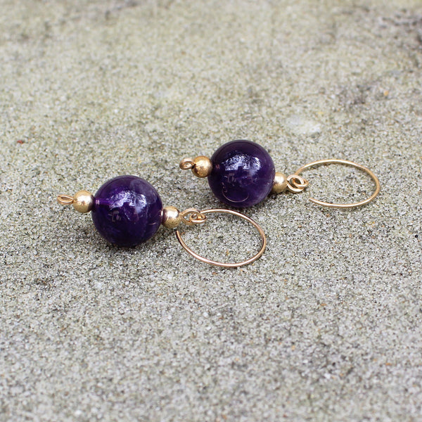 Large Amethyst Beads Gold Filled Dangle Earrings - February Birthstone