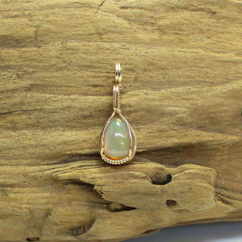 Small Ethiopian Opal Teardrop Gold Filled Wire Wrapped Pendant - October Birthstone