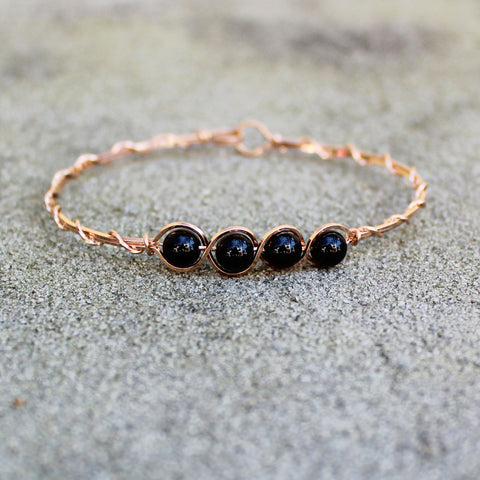 4-Bead Outline Black Onyx Beads Rose Gold Filled Wire Wrapped Bracelet