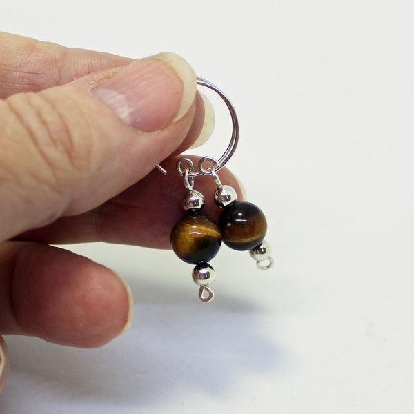 Sweet Honey Brown 8mm Tiger Eye Sterling Silver Dangle Earrings