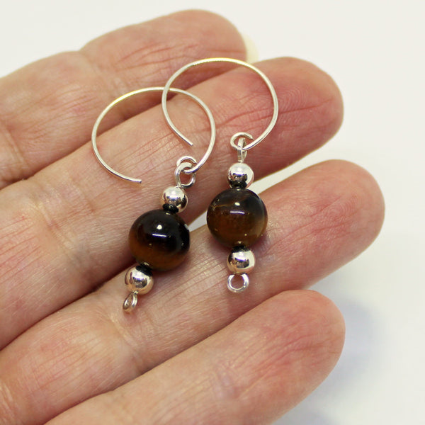 Sweet Honey Brown 8mm Tiger Eye Sterling Silver Dangle Earrings