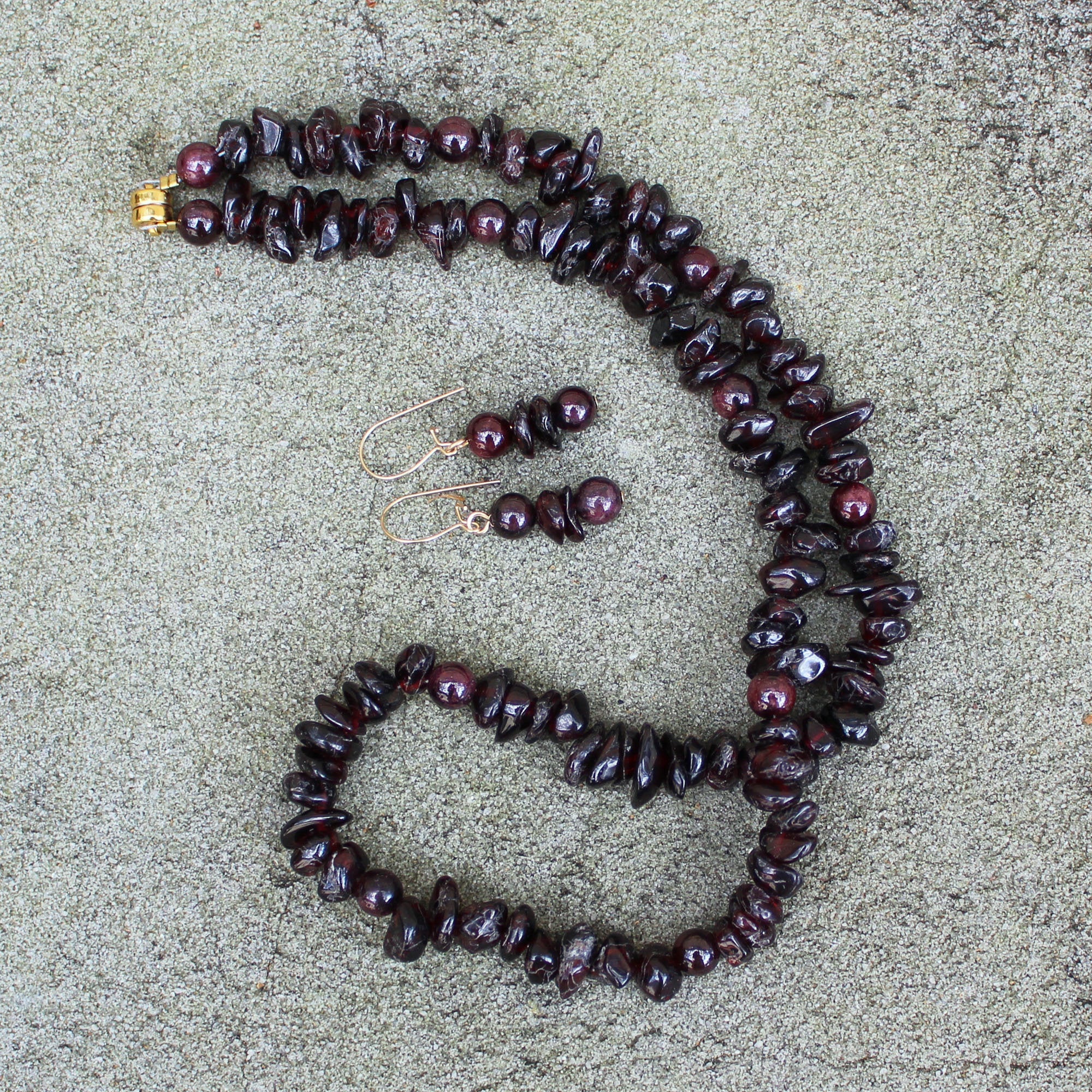 Garnet Deep Red Chips Necklace and Earrings Set - January Birthstone