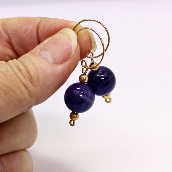 Large Amethyst Beads Gold Filled Dangle Earrings - February Birthstone