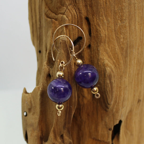 Large Amethyst Beads Gold Filled Dangle Earrings - February Birthstone