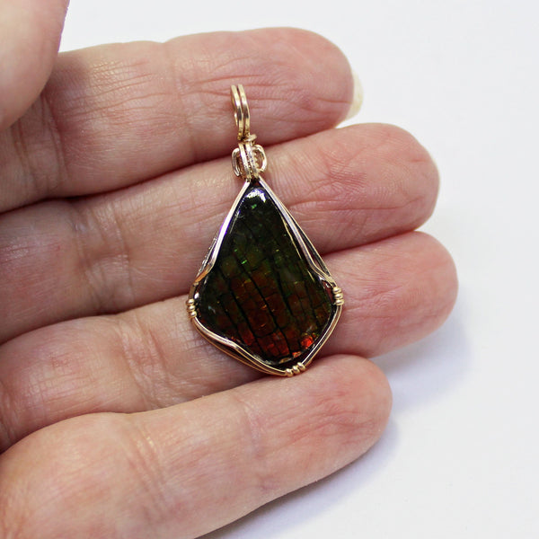 Ammolite Rainbow Gold Filled Wire Wrapped Pendant