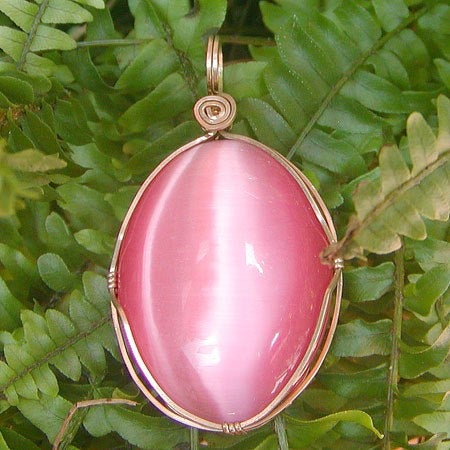 Pink Fiber Optics Cat's Eye 14kt Gold Filled Wire Wrapped Pendant