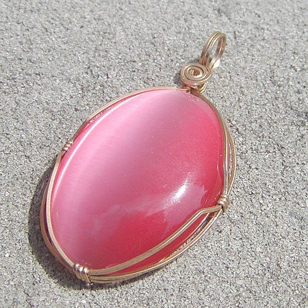 Pink Fiber Optics Cat's Eye 14kt Gold Filled Wire Wrapped Pendant