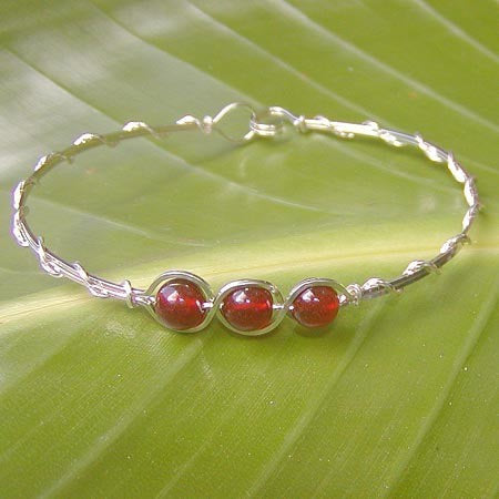 3-Bead Outline Carnelian Beads Sterling Silver Wire Wrapped Bracelet