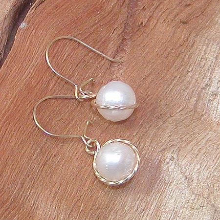 Simple 8mm Freshwater Pearl Wirewrapped Drop Earrings - June Birthstone