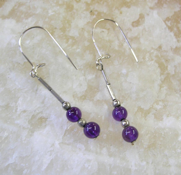 Amethyst Beads Sterling Heishi Dangle Earrings - February Birthstone