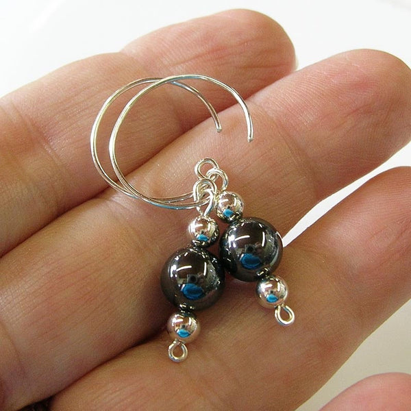 Elegant 8mm Hematite Sterling Silver Drop Earrings