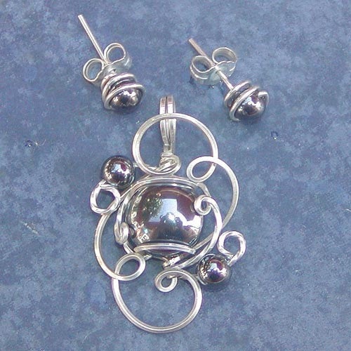 Hematite Pendant And Post Earrings Sterling Silver Wire Wrapped Set