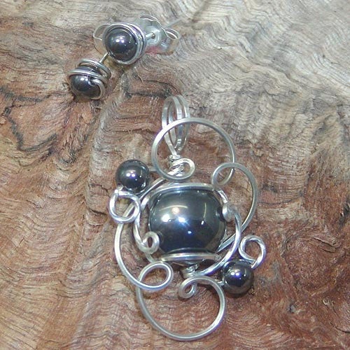 Hematite Pendant And Post Earrings Sterling Silver Wire Wrapped Set