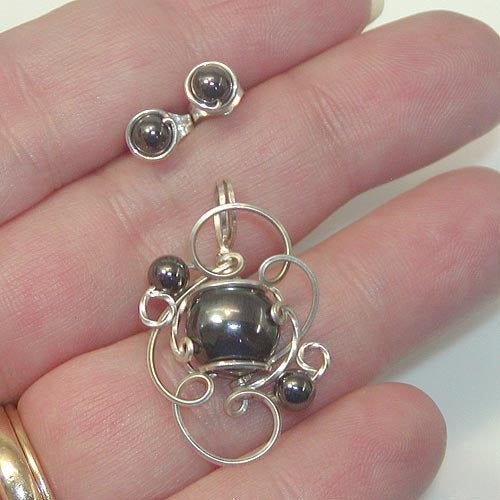 Hematite Pendant And Post Earrings Sterling Silver Wire Wrapped Set